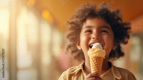 Latin American child portrait enjoying caramel ice cream cone  copy space
