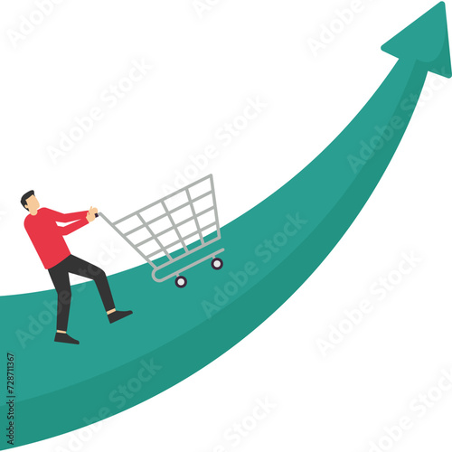 marketing strategy concept, Increase sales or profit, growth in purchasing power or consumers spend more money, businessman sales manager pushing shopping cart trolley role arrow. vector illustration.