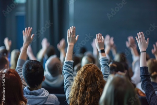 Capturing divine moments: church worship concept Christians, raised hands, earnestly pray and worship to cross in the sacred ambiance of a church building, expressing faith and spiritual connection.