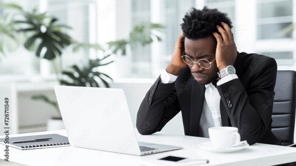A stressed person at a desk holds their head in dismay while looking at a laptop screen, with eyeglasses set aside. A stressed person at a desk holds their head in dismay while looking at a laptop screen, with eyeglasses set aside.