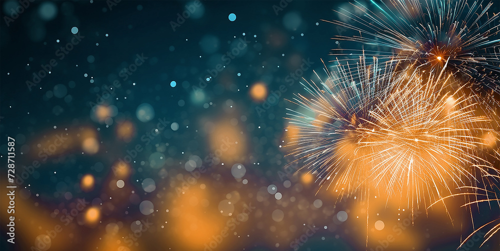Gold and blue sky with fireworks and bokeh in New Year eve and copy space. Abstract background holiday Gold and blue sky with fireworks and bokeh in New Year eve and copy space. Abstract background holiday