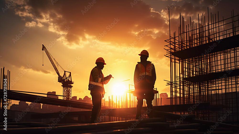 Fototapeta premium Silhouette of Engineer and worker on building site, construction site at sunset in evening time. 