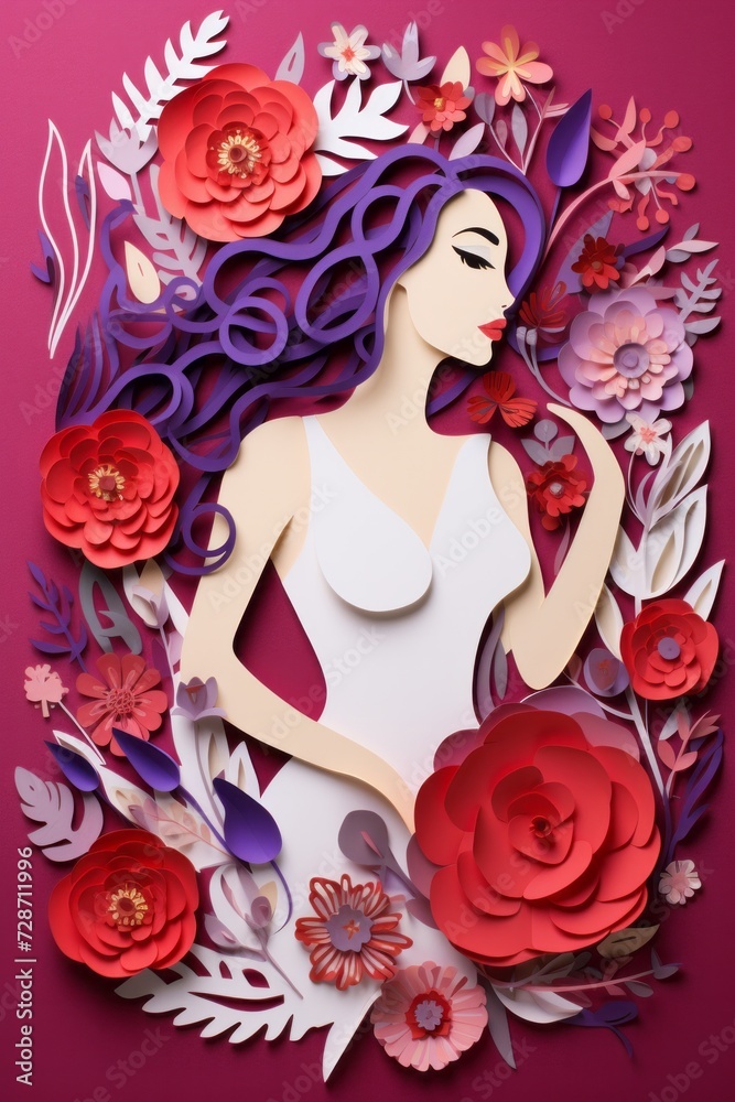 An image of a female silhouette with a fluffy floral hairstyle cut from colored cardboard paper on a colored background among flowers. International Women's Day concept and Mother's Day