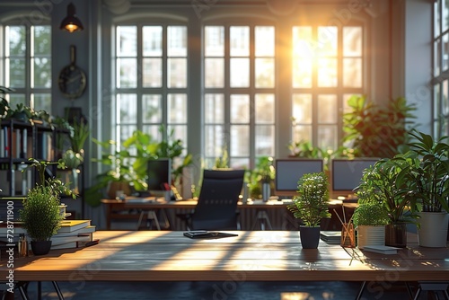 Sunlit Modern Office Space A Peaceful and Productive Environment with Green Plants  Wooden Tables  and Comfortable Seating