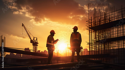 Silhouette of Engineer and worker on building site, construction site at sunset in evening time. 