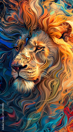 A Lion with Swirling patterns vibrant color  abstract geometric stripes   wallpaper background image for cellphone  mobile phone  ios  android