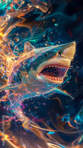 Abstract Shark with Swirling patterns vibrant color, a Futuristic shark with metallic textures, ink-blot patterns ,wallpaper background image for cellphone, mobile phone, ios, android