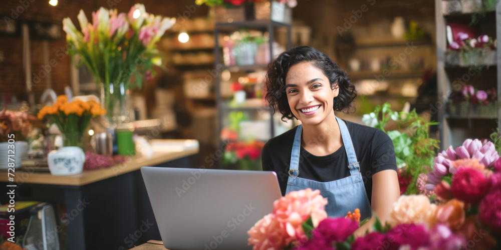 female flower shop owner using laptop female flower shop owner using laptop