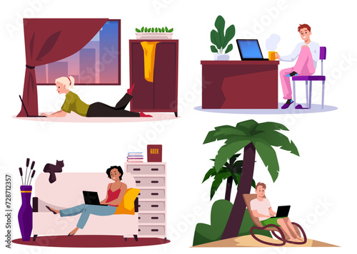 Freelancers working at home and on the beach.