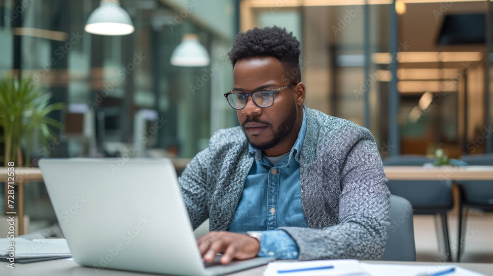 A professional is focused on working on a laptop at an office desk, with documents spread out and a casual yet smart style. A professional is focused on working on a laptop at an office desk, with documents spread out and a casual yet smart style.