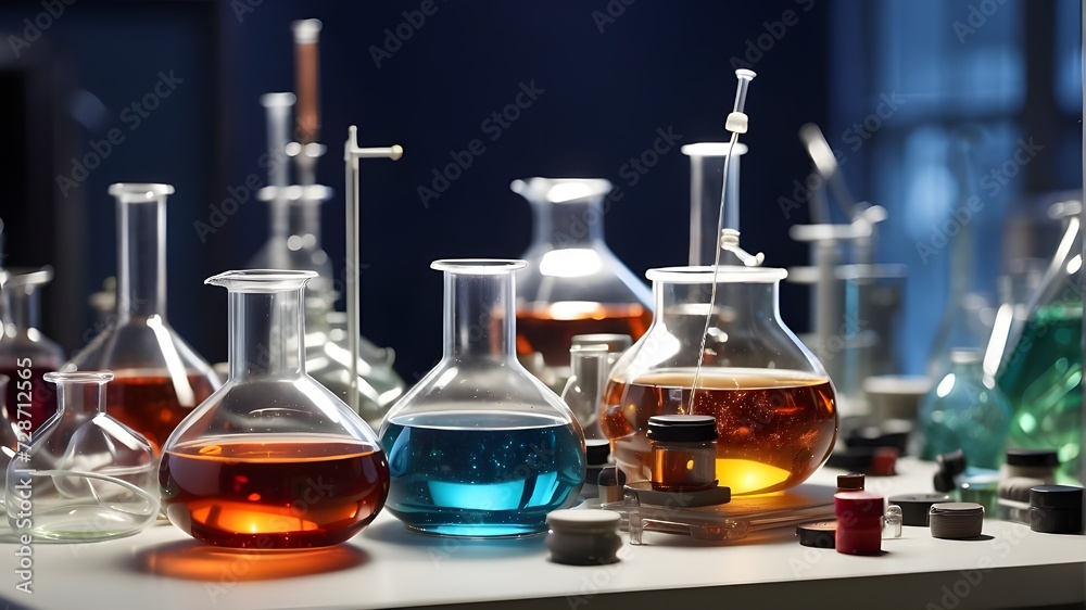 Items of glass in a lab, Volumetric glassware bottles for research in a chemical medicine laboratory set. Graphic Art
