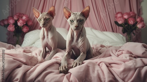 Adorable Sphynx cats relaxing in plaid on cozy bed. Indoor background.