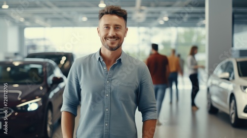 Man happy customer for buyer new car auto, male want buy automobile in showroom vehicle dealership store motor show indoor Sales