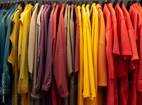 Second-hand, secondary consumption. The colorful collection of neatly hung clothing showcases a variety of textures and shades.