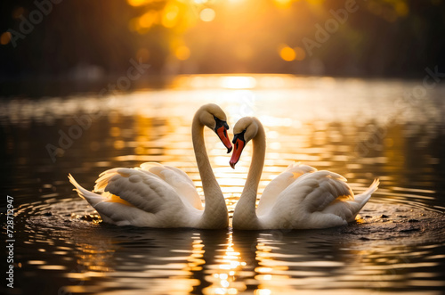 Two Swans Creating a Heart Shape on a Lake at Sunset