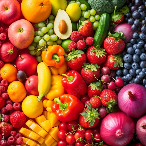 A bright assortment of fresh, colorful fruits and vegetables close up. Fruit and vegetable background. Delicious and healthy food.