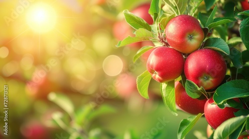 Fresh red ripe apples on branch, sunny outdoor background with copy space.