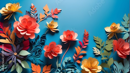spring flowers background, top view of beautiful paper-cut flowers with green leaves set against a blue backdrop with copy space