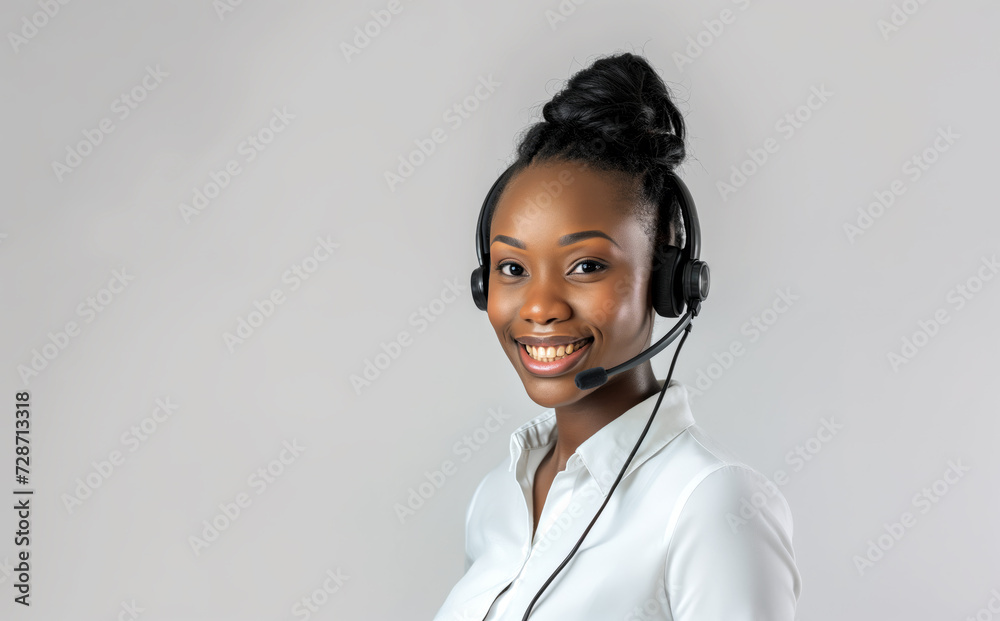 Young friendly operator, Afro-American woman agent with headsets working in a call center. Young friendly operator, Afro-American woman agent with headsets working in a call center.