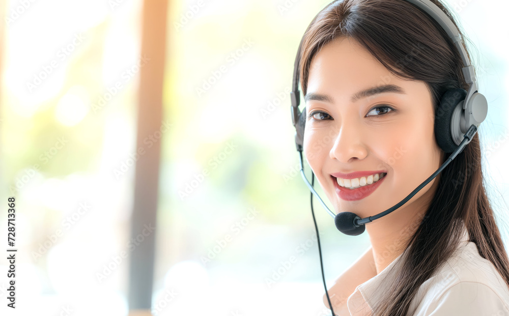 Young friendly operator, Asiatic woman agent with headsets working in a call center. Young friendly operator, Asiatic woman agent with headsets working in a call center.