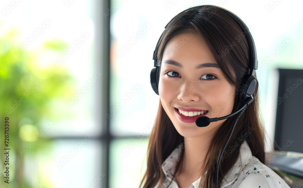 Young friendly operator, Asiatic woman agent with headsets working in a call center.