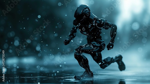 A sophisticated robot is captured in motion, sprinting across a wet surface under a rain-drenched, dark nocturnal backdrop. © Rattanathip
