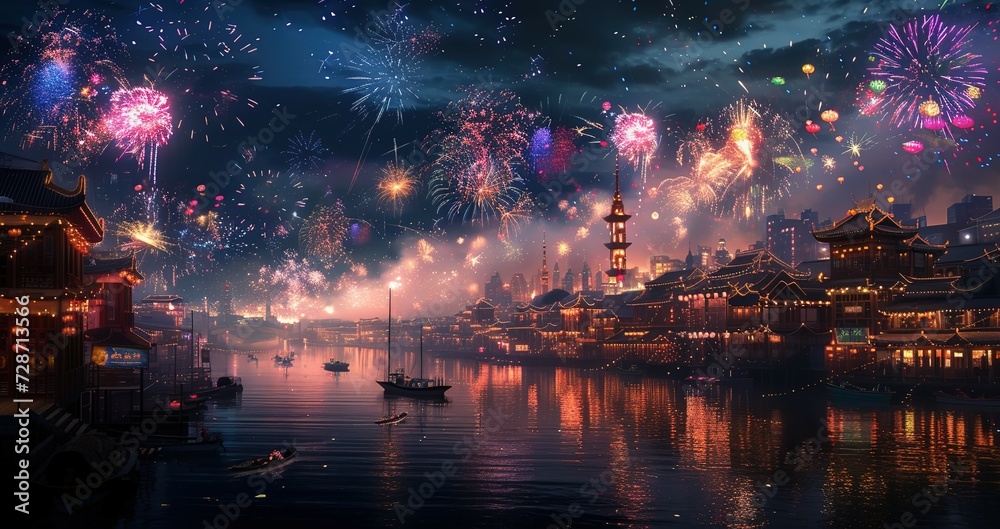 An enchanting night scene of vibrant fireworks bursting over a traditional Asian waterfront village, reflecting on the calm water below.