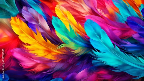 Banner of colorful feathers arranged chaotically. Textured background.