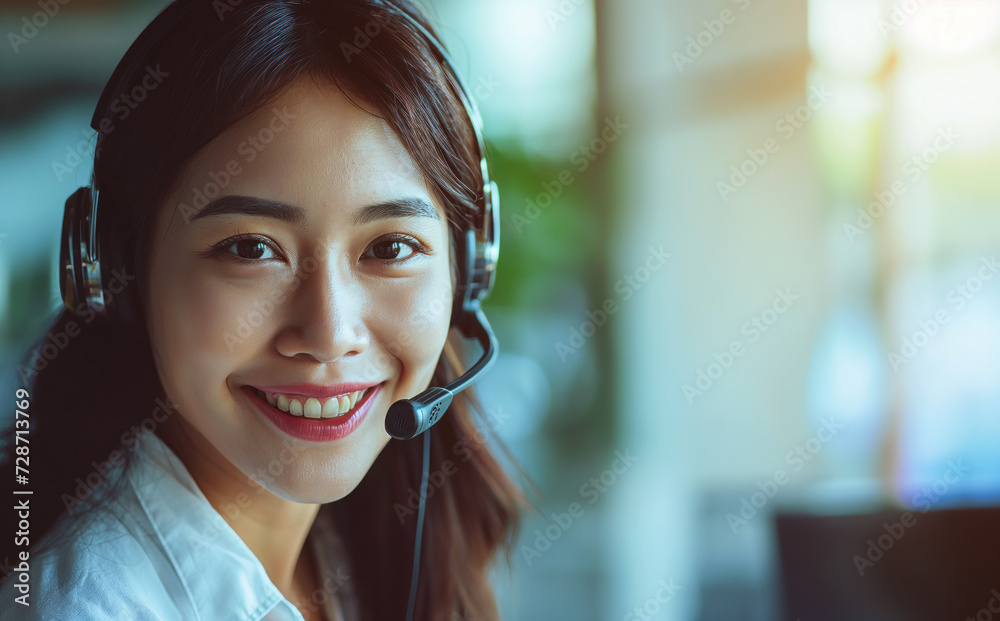 Young friendly operator, Asiatic woman agent with headsets working in a call center. Young friendly operator, Asiatic woman agent with headsets working in a call center.