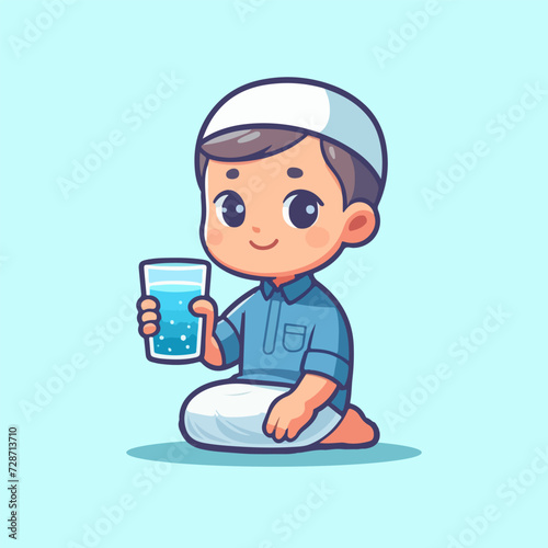 cute muslim boy drinking water sitting on the carpet cartoon vector illustration