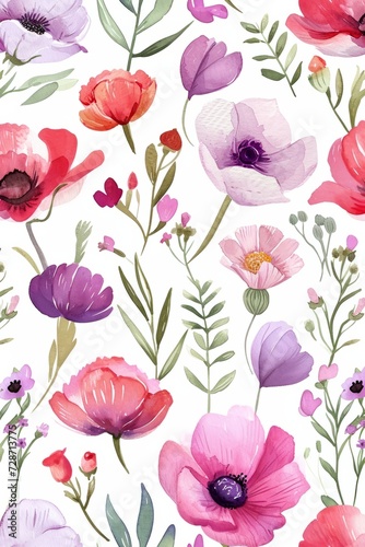 Vertical Watercolor seamless Illustration of spring flowers with various types of flowers  concept of the arrival and onset of spring. Concept for wrapped cover paper