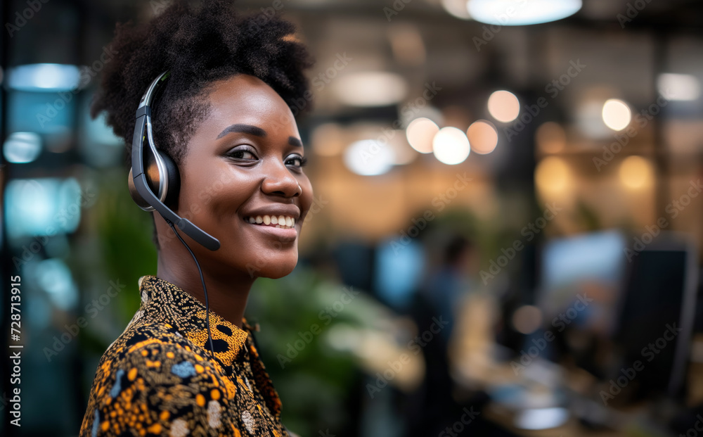 Young friendly operator, Afro-American woman agent with headsets working in a call center.