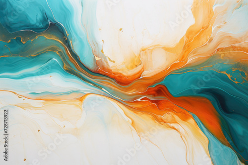 Fluid art surface pattern design. Modern abstract background in orange, turquoise and white colors photo