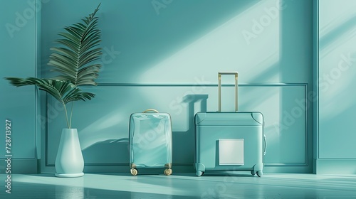 A modern luggage set complemented by a decorative palm in a vase, set against the calming backdrop of a minimalist interior.