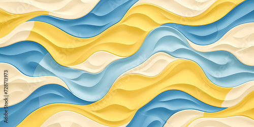 An abstract pattern featuring seamless wavy shapes on a blue background, adorned with light yellow and azure hues. Soft pastel tones. Retro color.  © jex