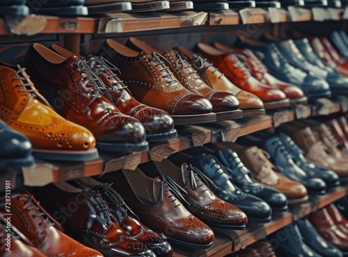 Elegant men's leather shoes displayed on shelves in a store.