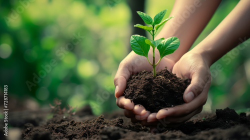 pair of hands cradling a small, young plant with green leaves, in a clump of dark soil