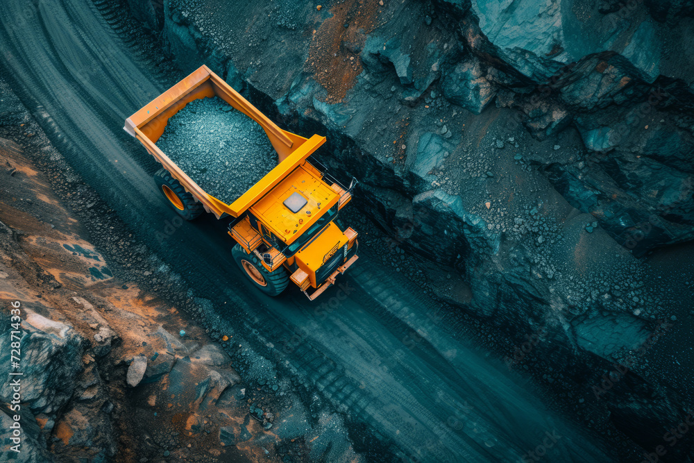 Aerial view of yellow dump truck in quarry, Coal mining in an open pit