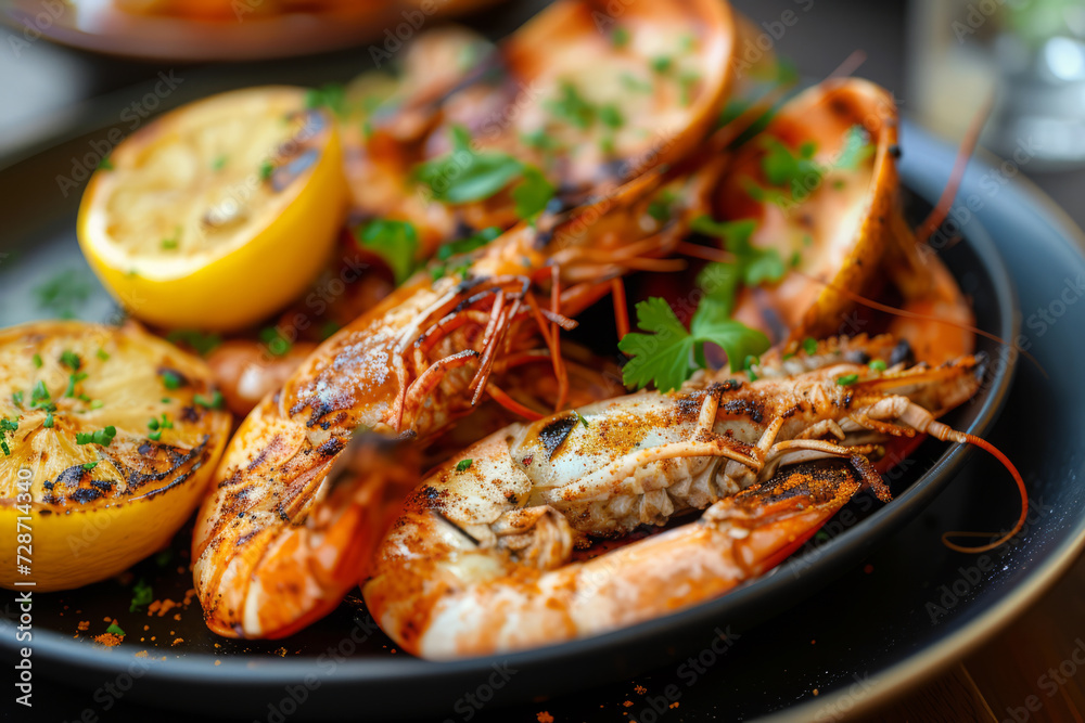Grilled shrimps in plate served with lemon and spices, Seafood for healthy nutrition