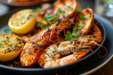 Grilled shrimps in plate served with lemon and spices, Seafood for healthy nutrition