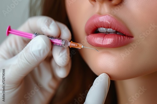 A Moment of Aesthetic Transformation: Close-Up View of a Woman Receiving a Professional Lip Injection for Fuller, Plumper Lips