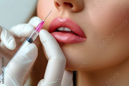 A Moment of Aesthetic Transformation: Close-Up View of a Woman Receiving a Professional Lip Injection for Fuller, Plumper Lips