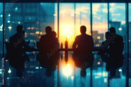 Strategic Deliberations at Dusk Silhouetted Professionals Engaged in a Meeting Against the Backdrop of a Stunning City Sunset