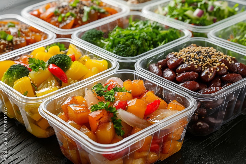 Lunch boxes with prepared food for healthy nutrition. Catering service for balanced diet. Takeaway food delivery in restaurant. Containers with everyday meals