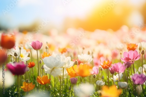 Colorful Field of Tulips in Morning Light - spring background - copy space