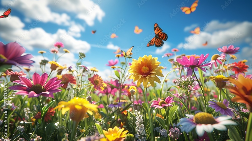 Monarch Butterflies over Spring Blossoms - Spring Banner