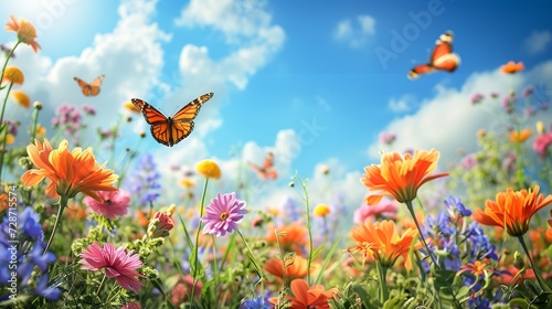 Vast Meadow of Spring Blooms with Soaring Butterflies - Spring Banner