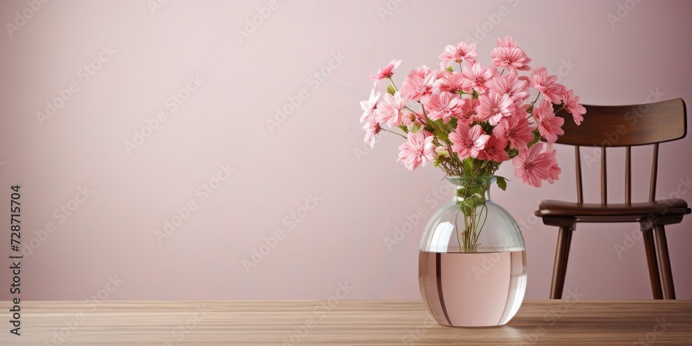 Pink flowers in a glass vase on a wooden table next to a small chair