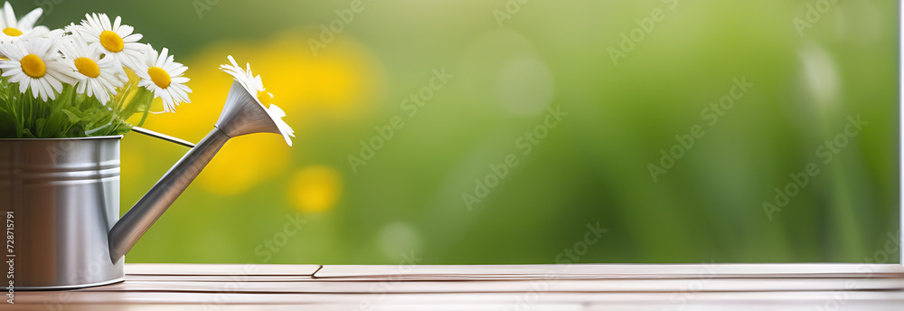 banner free space for text Decorative watering can vase with wildflowers white daisies on a wooden wet window fogged glass with drops after summer rain in spring 2/3 free space for text  - obrazy, fototapety, plakaty 