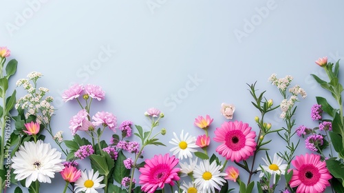 Flat Lay Assortment of Spring Flowers on Blue - Hello Spring